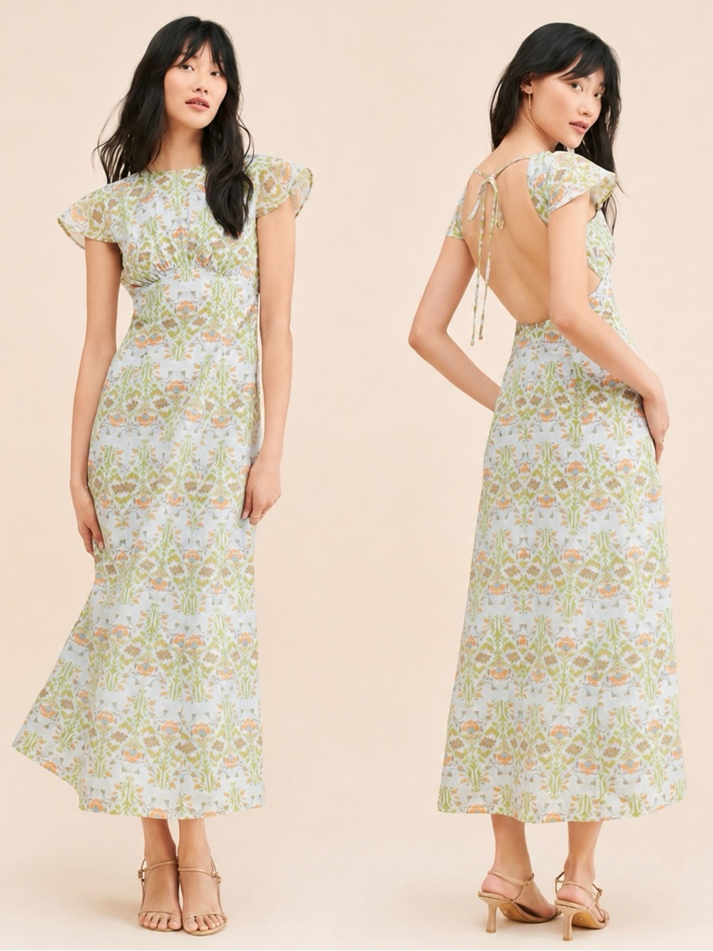 Hansen & Gretel Portofino Midi Dress Light Blue Floral Open Back Size M